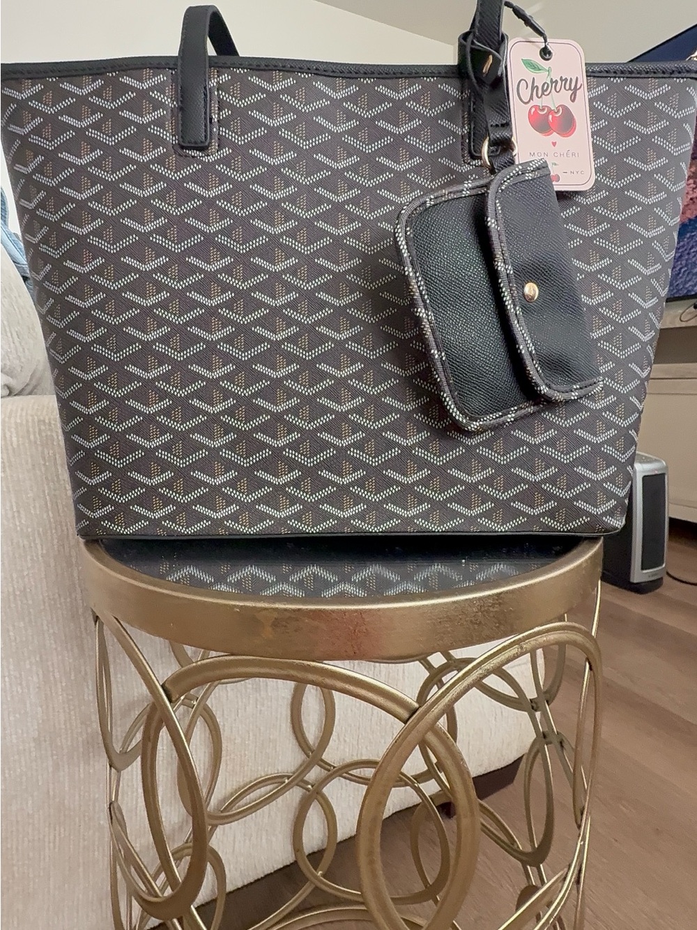 Black Patterned Tote Bag with Pouch NOT A GOYARD BAG
